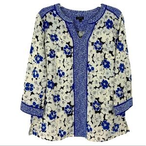 𝅺Talbots White Blue & Black Floral 3/4 Sleeve Blouse Women's  Large